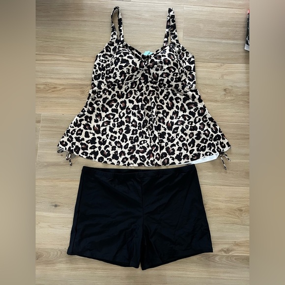 Women Leopard Plus Size Tankini Swimsuit Flowy Swimdress Bathing Suit Boy Shorts - Picture 6 of 10